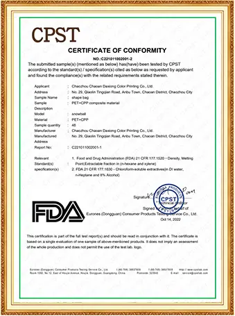 Food contact conformity document