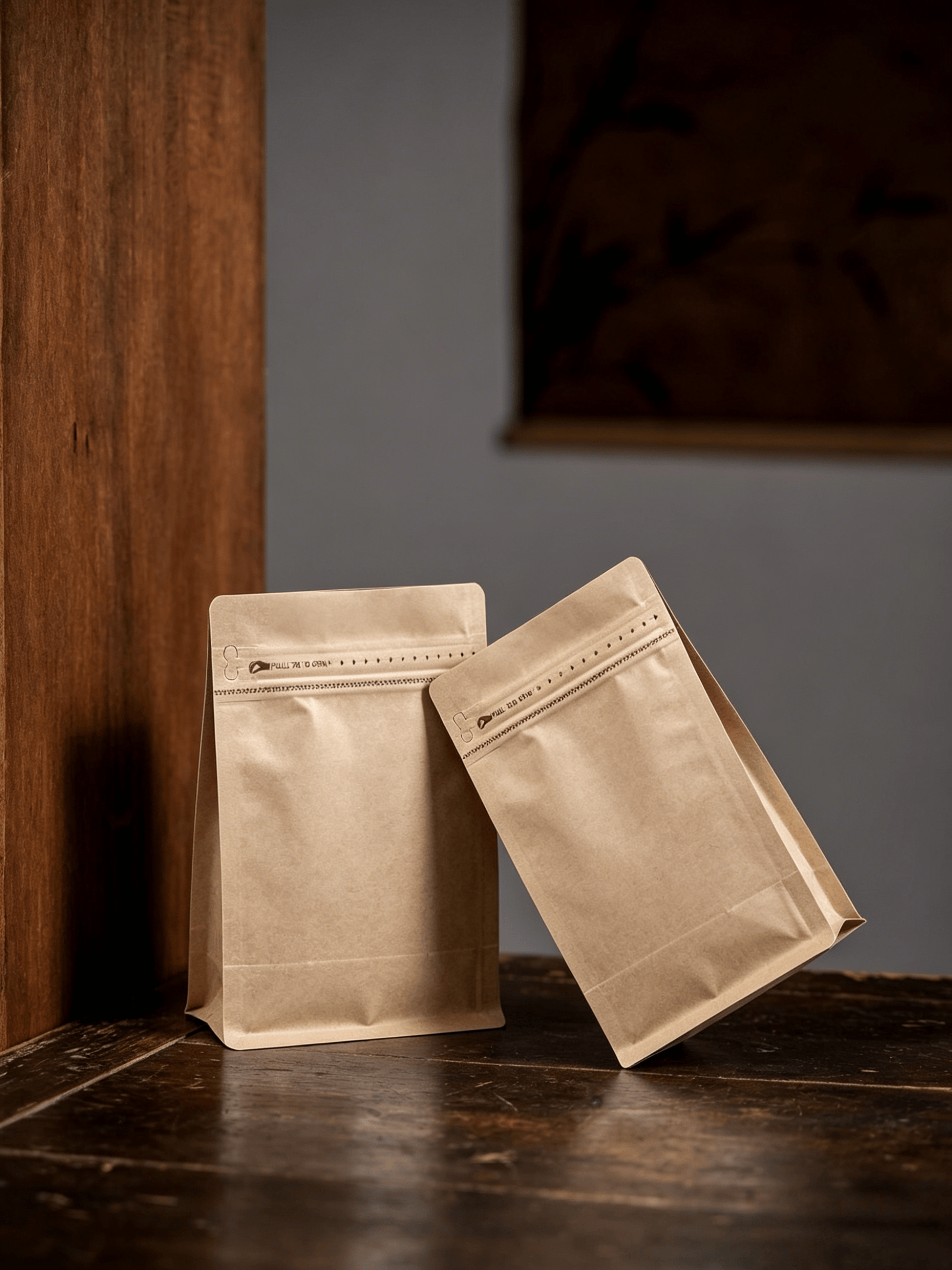 Kraft stand-up pouches on a dark wood surface